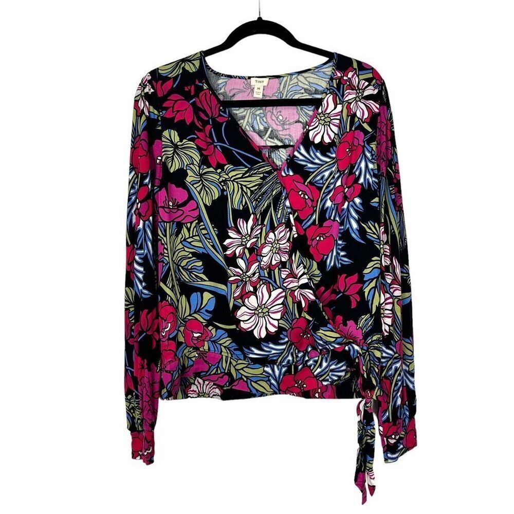 Anthropologie Dark Floral Wrap Blouse with Red and Pink Blooms - Picture 2 of 15